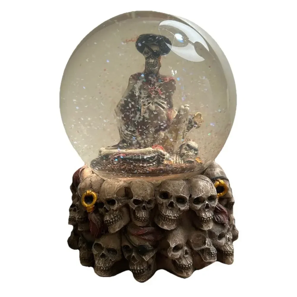 SKELETON SNOW GLOBE 5.5” Skull Head Base Halloween Spooky Gothic Gold‎ Bones EUC